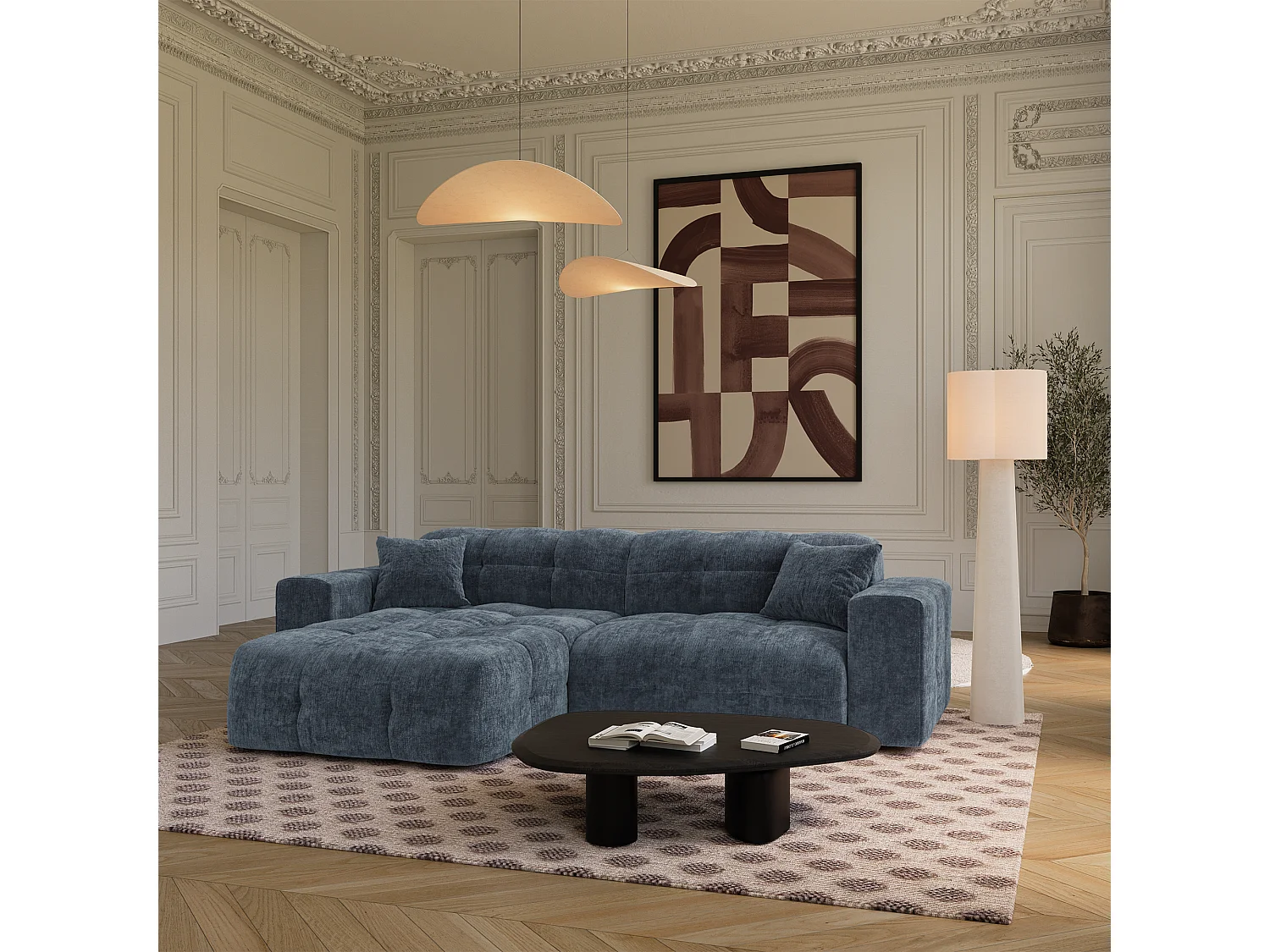 Canapé angle gauche COCOON en Velours gaufré Bleu minéral