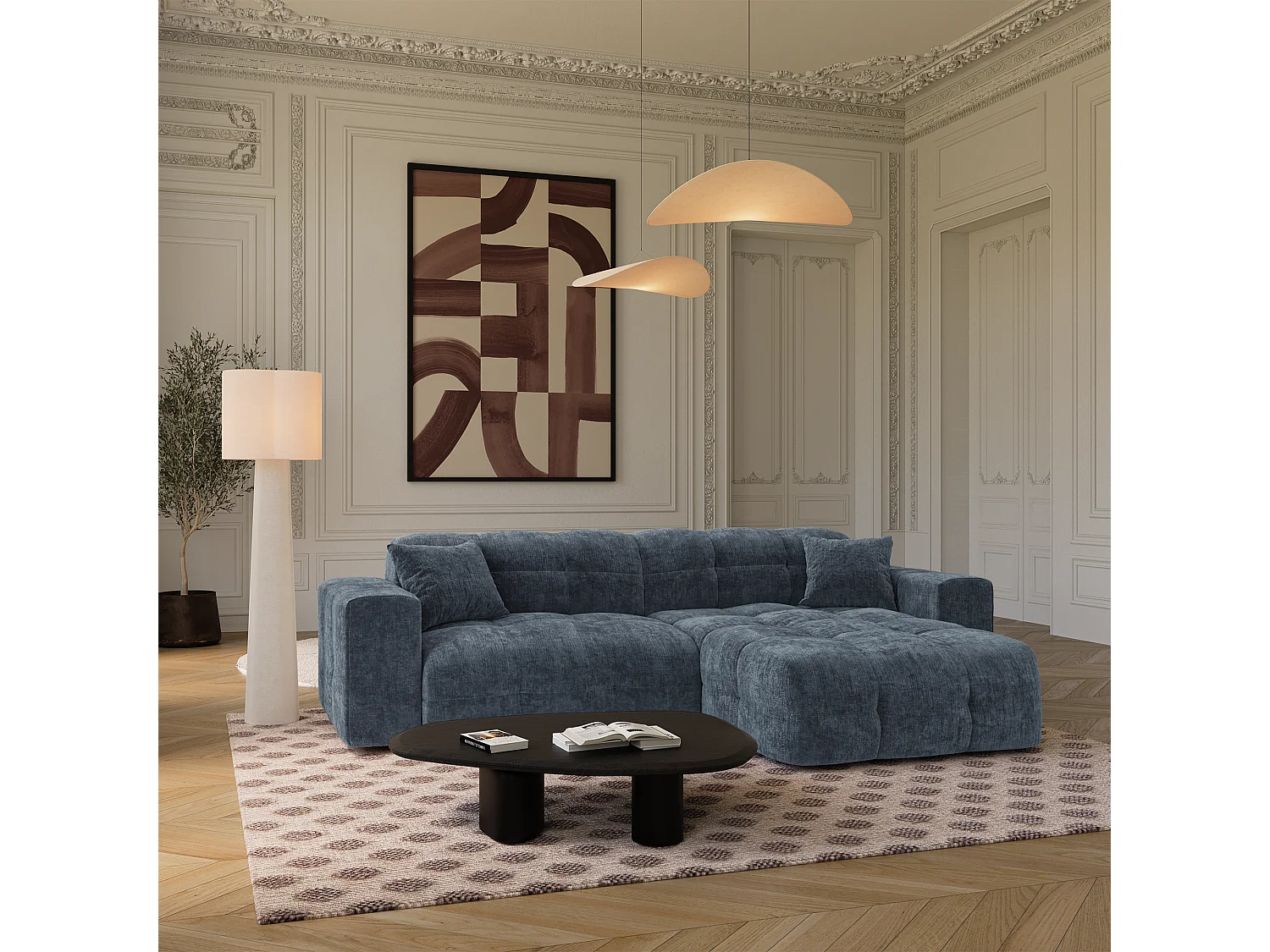 Canapé angle droit COCOON en Velours gaufré Bleu minéral