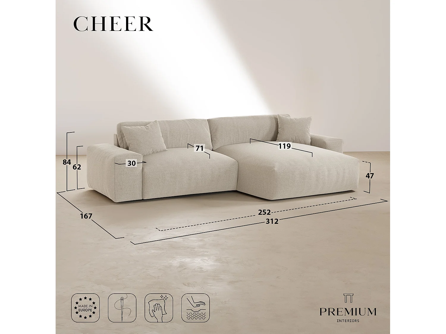 Canapé d'angle droit CHEER en Tissu tramé toucher doux