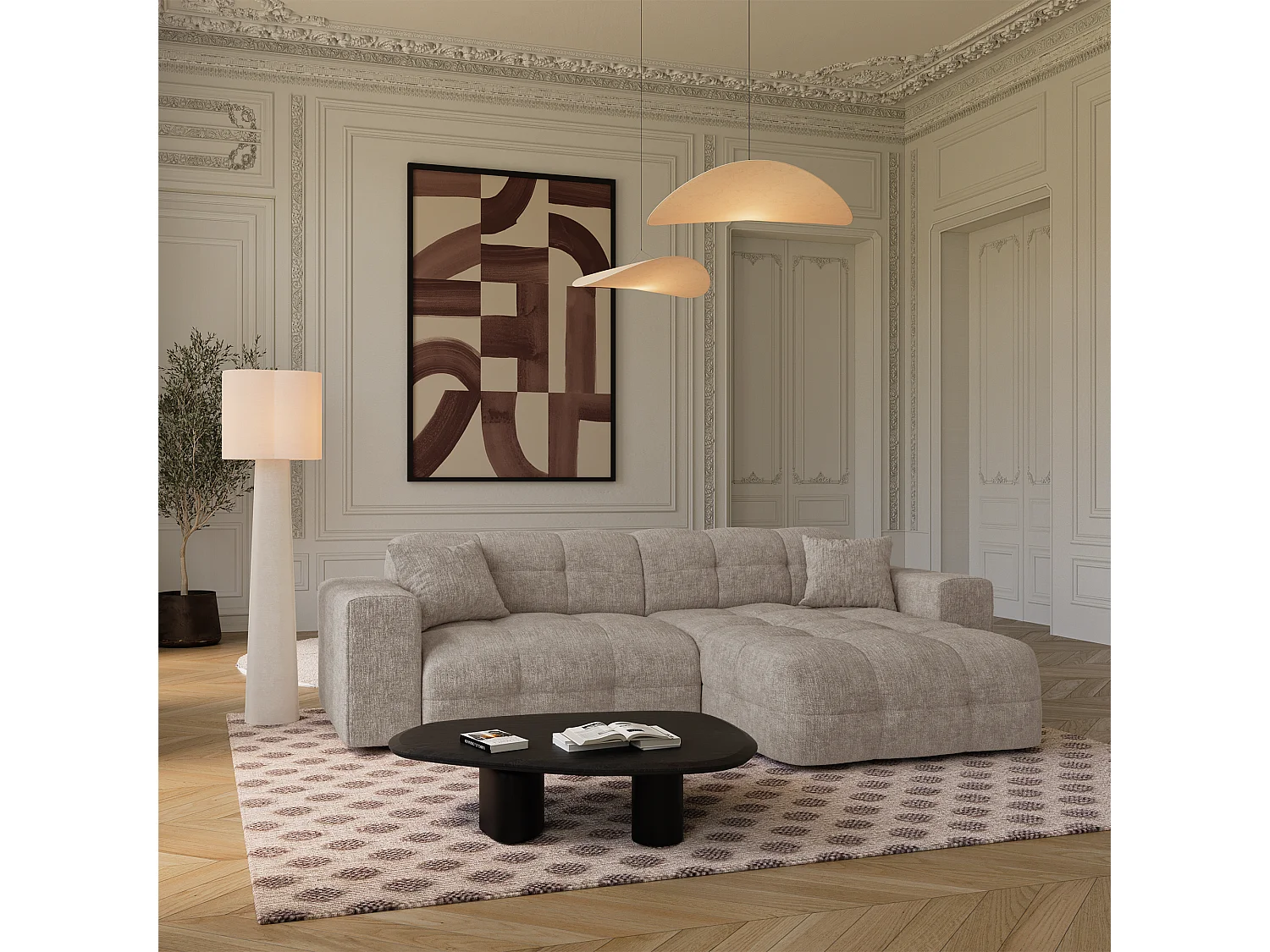 Canapé angle droit COCOON en Velours gaufré Taupe