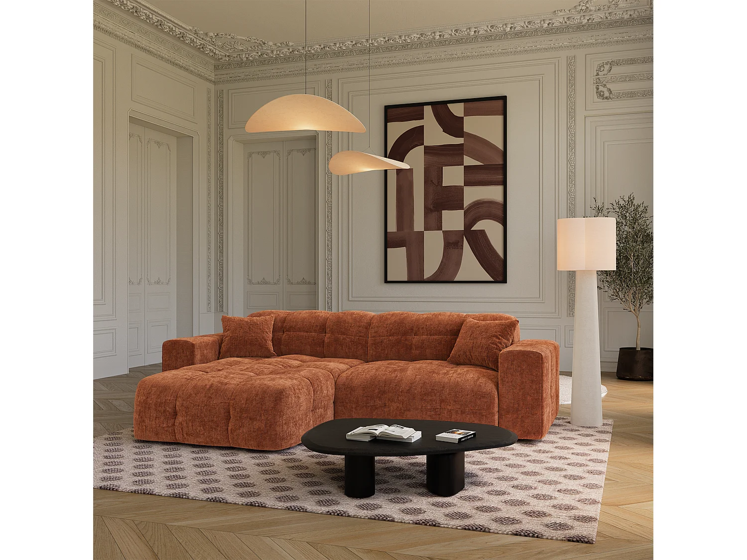 Canapé angle gauche COCOON en Velours gaufré Terracotta