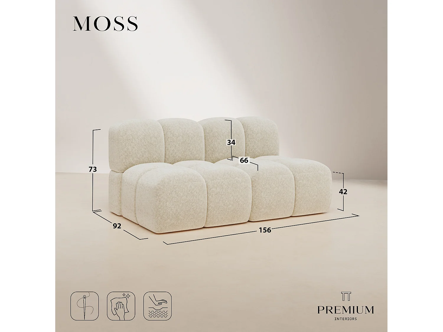 Canapé modulable 3 places MOSS en Velours texturé Beige