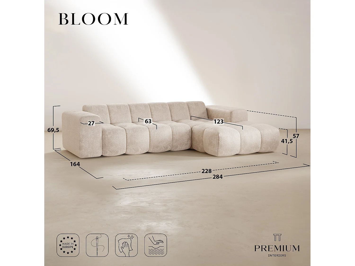 Canapé d'angle droit BLOOM en Velours gaufré