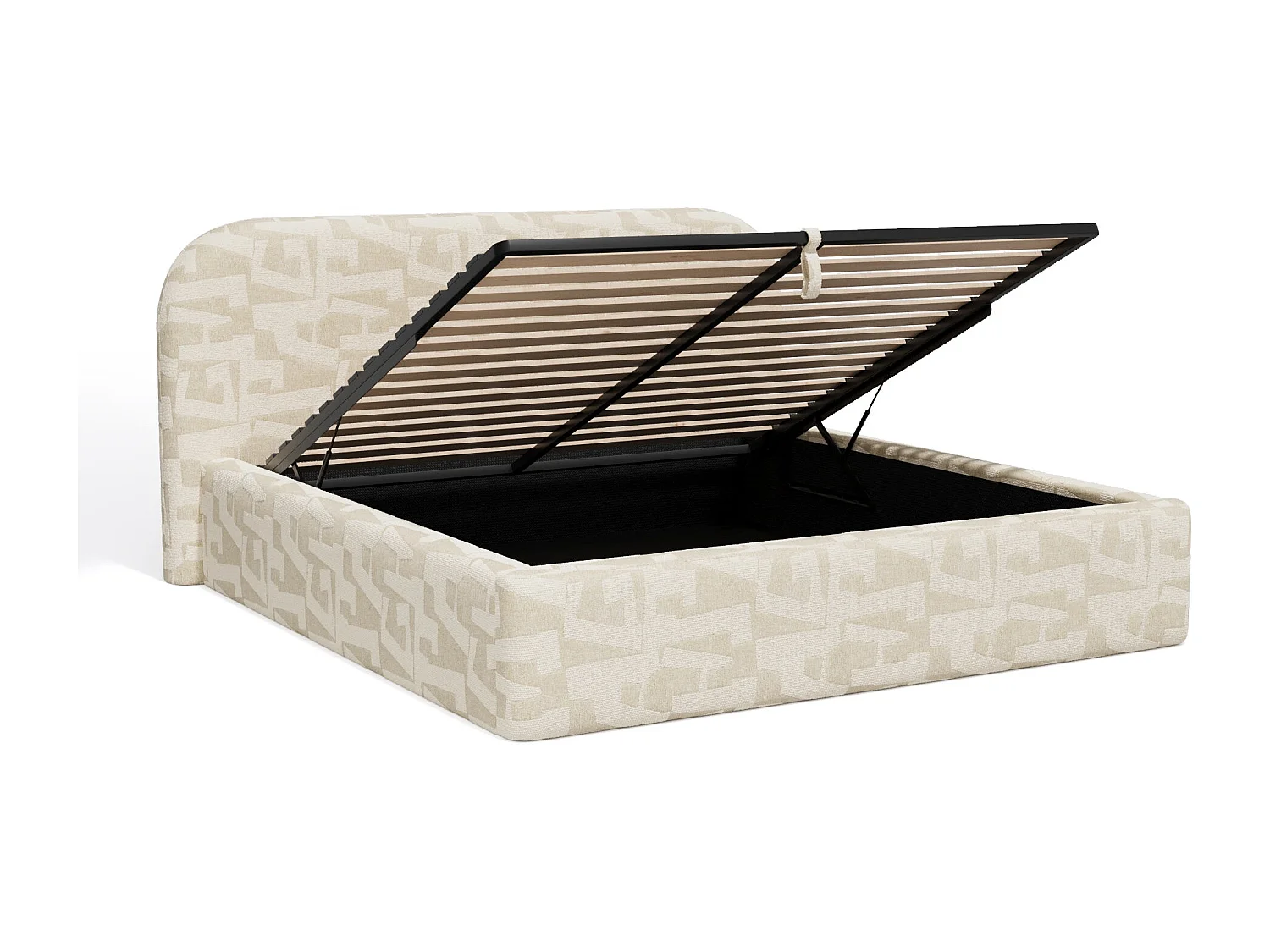 Lit coffre 180x200cm LOVE en Tissu texturé à motif  Ecru