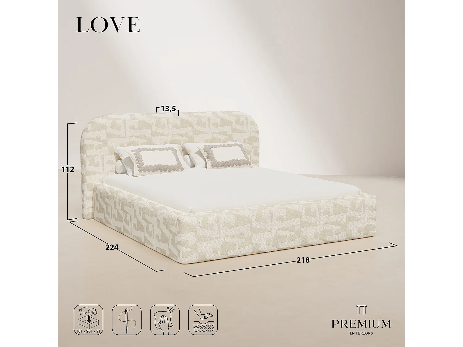 Lit coffre 180x200cm LOVE en Tissu texturé à motif  Ecru