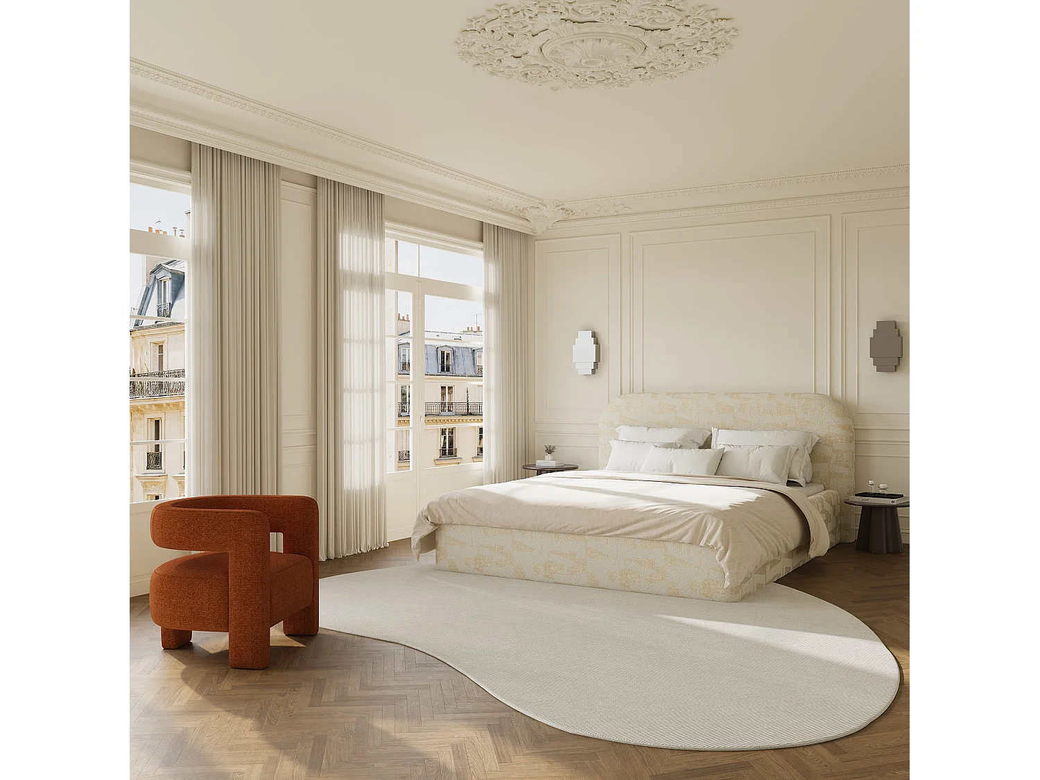 Lit coffre 180x200cm LOVE en Tissu texturé à motif  Ecru