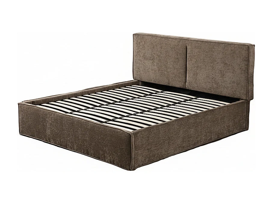 Lit coffre double tissu chenille moka sommier relevable 180x200 cm OLIVIA