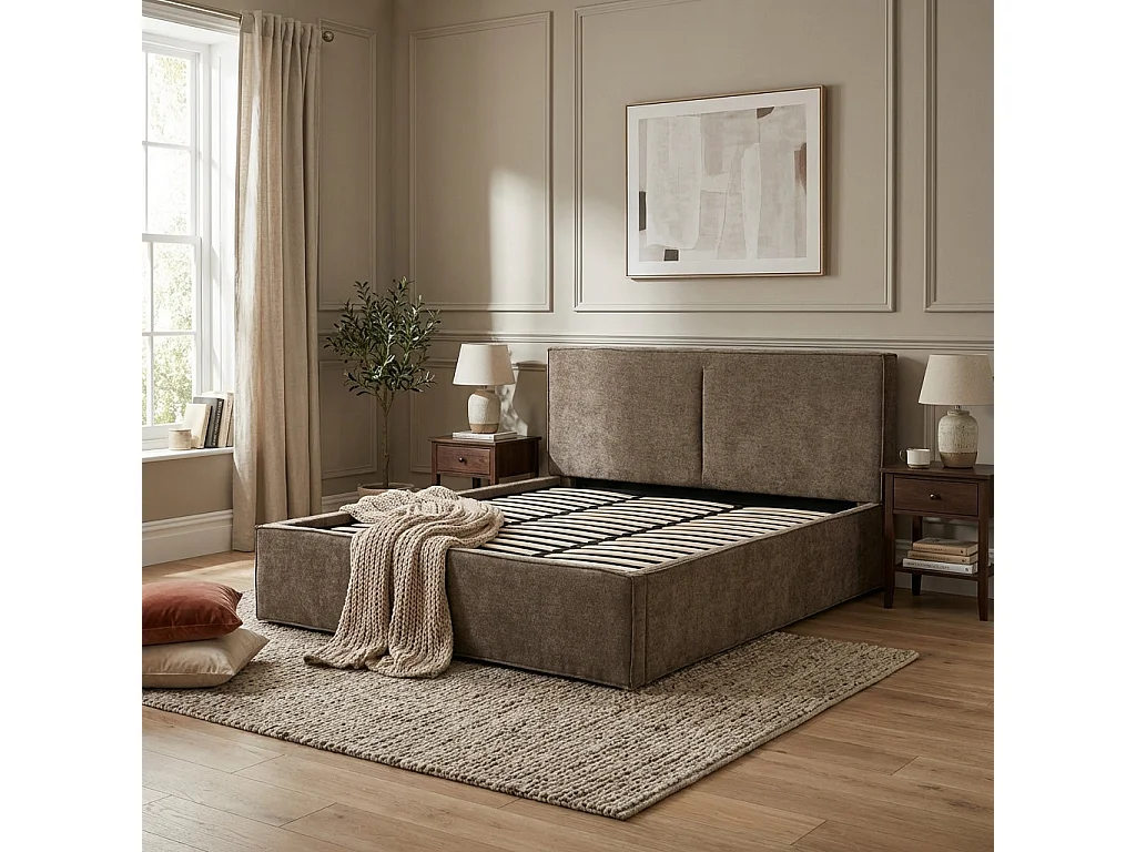 Lit coffre double tissu chenille moka sommier relevable 180x200 cm OLIVIA