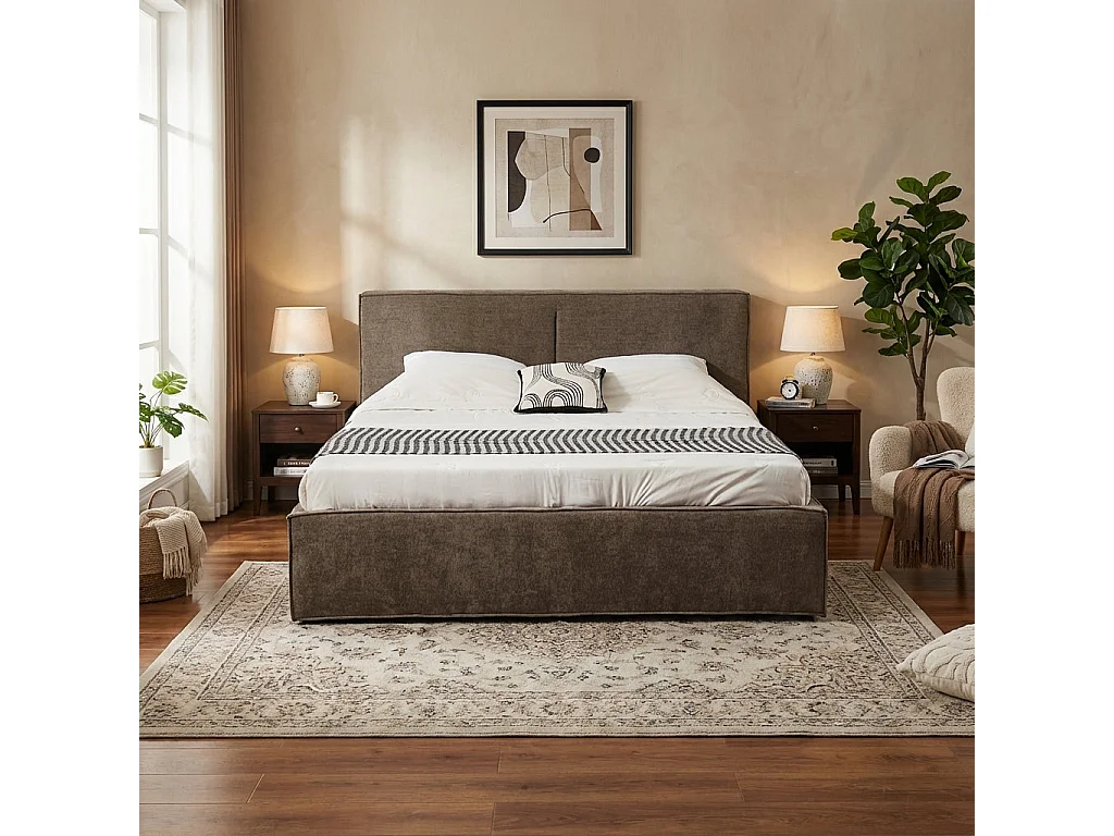 Lit coffre double tissu chenille moka sommier relevable 180x200 cm OLIVIA