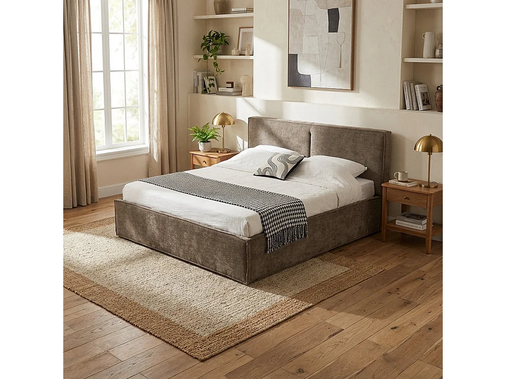 Lit coffre double tissu chenille moka sommier relevable 180x200 cm OLIVIA