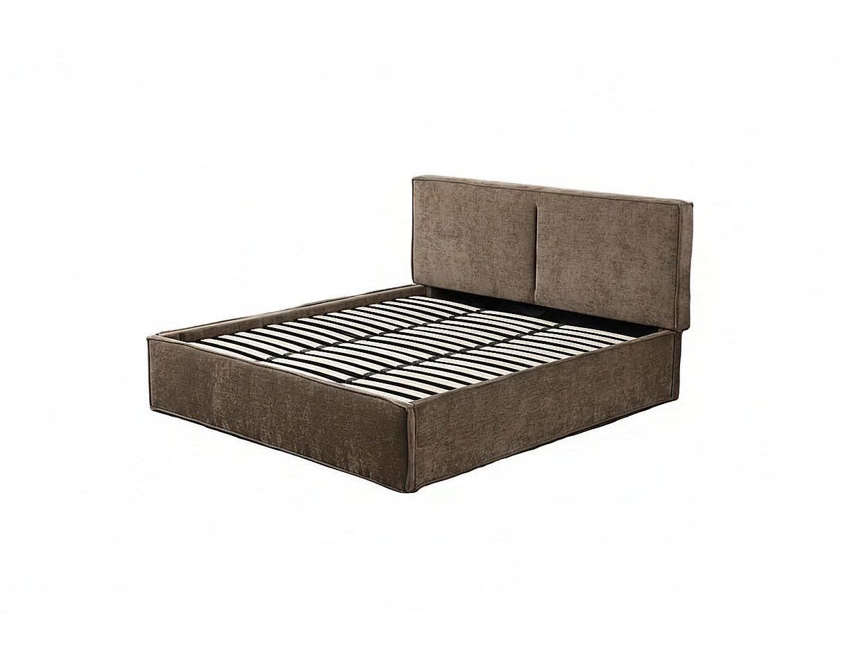 Lit coffre double tissu chenille moka sommier relevable 180x200 cm OLIVIA