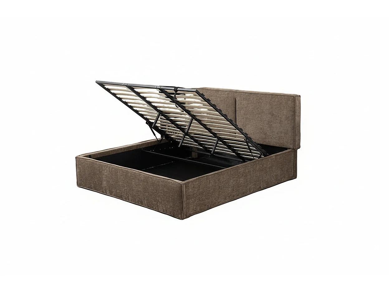 Lit coffre double tissu chenille moka sommier relevable 180x200 cm OLIVIA