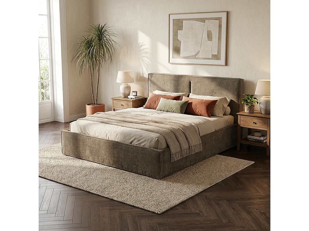 Lit coffre double tissu chenille moka sommier relevable 180x200 cm OLIVIA