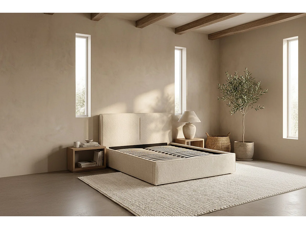 Lit coffre double tissu chenille beige sommier relevable 180x200 cm OLIVIA