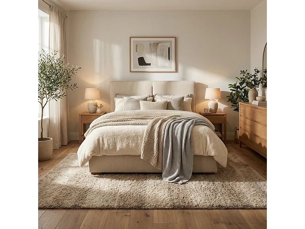 Lit coffre double tissu chenille beige sommier relevable 180x200 cm OLIVIA