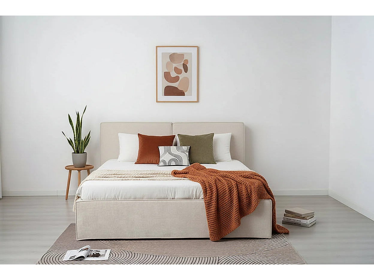 Lit coffre double tissu chenille beige sommier relevable 180x200 cm OLIVIA