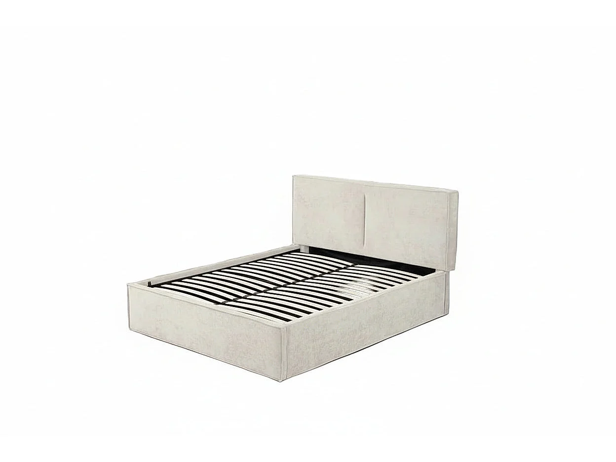 Lit coffre double tissu chenille beige sommier relevable 180x200 cm OLIVIA
