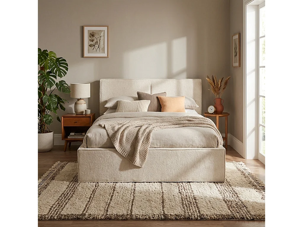 Lit coffre double tissu chenille beige sommier relevable 140x190 cm OLIVIA