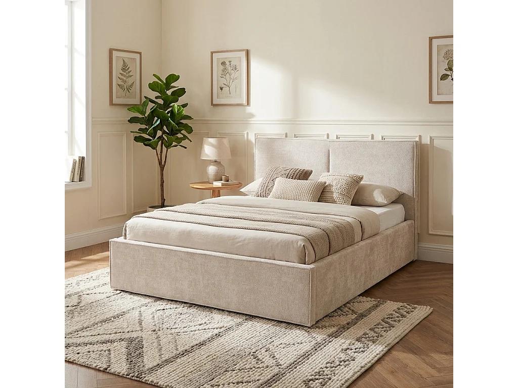 Lit coffre double tissu chenille beige sommier relevable 140x190 cm OLIVIA