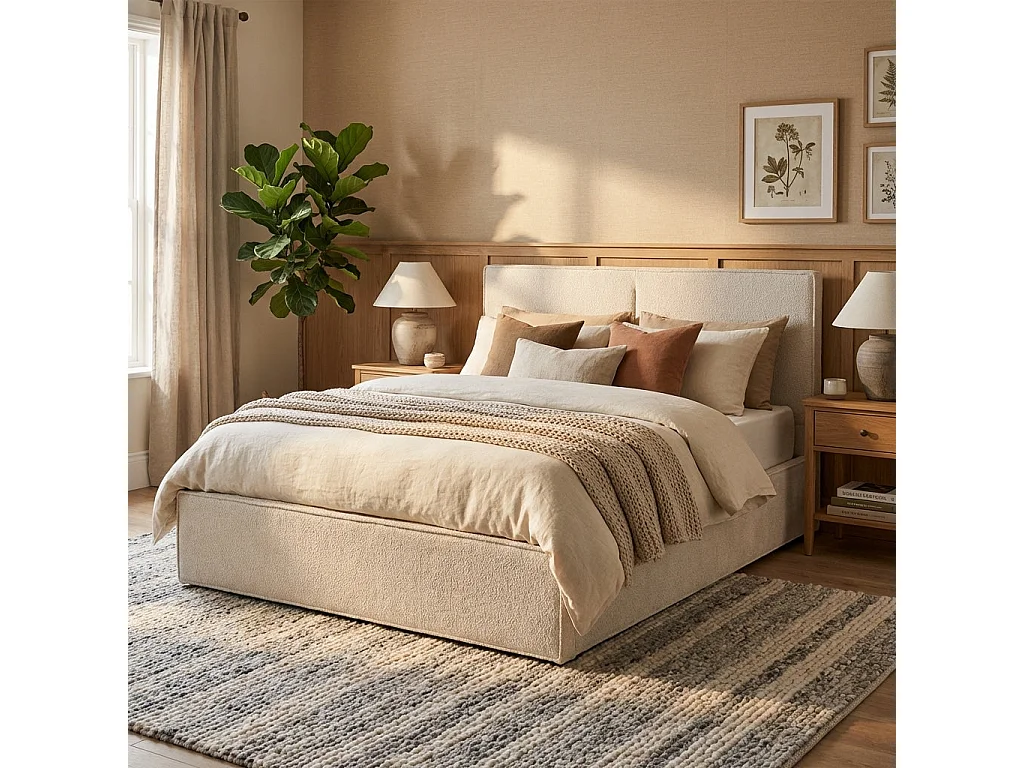 Lit coffre double tissu chenille beige sommier relevable 140x190 cm OLIVIA