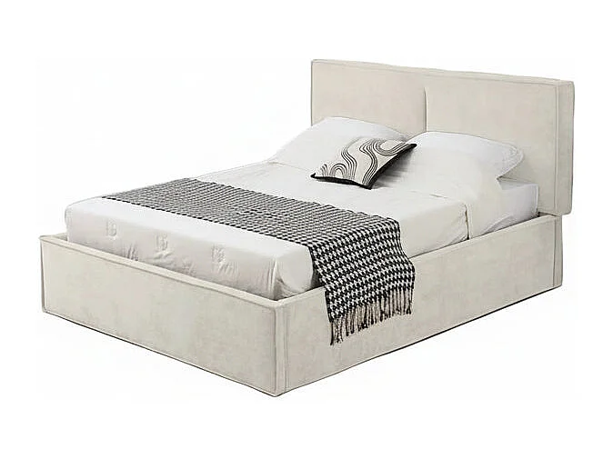 Lit coffre double tissu chenille beige sommier relevable 140x190 cm OLIVIA