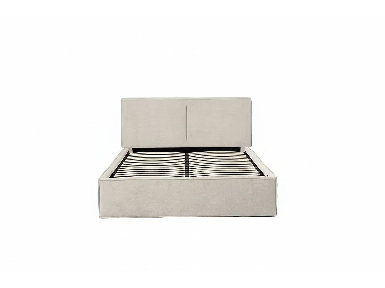 Lit coffre double tissu chenille beige sommier relevable 140x190 cm OLIVIA