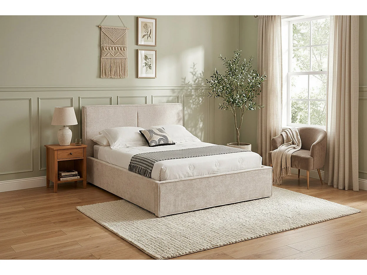 Lit coffre double tissu chenille beige sommier relevable 160x200 cm OLIVIA