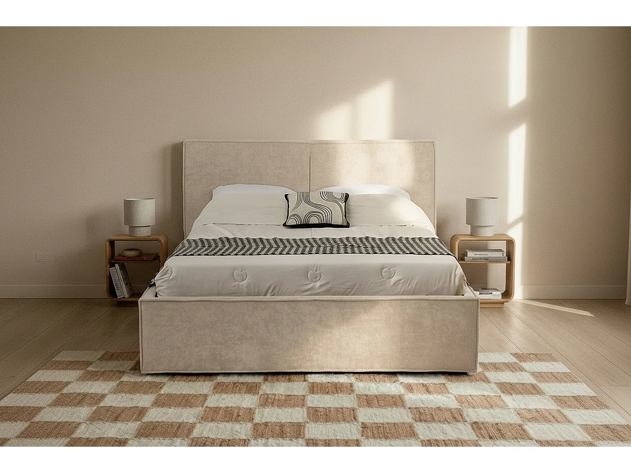 Lit coffre double tissu chenille beige sommier relevable 160x200 cm OLIVIA