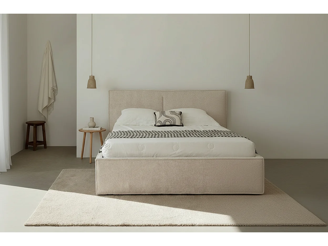 Lit coffre double tissu chenille beige sommier relevable 160x200 cm OLIVIA