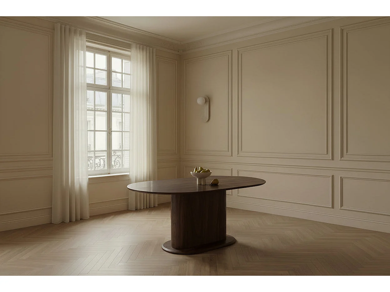 Table de salle à manger ovale effet noyer pied colonne central MDF 160x90 cm LOKA