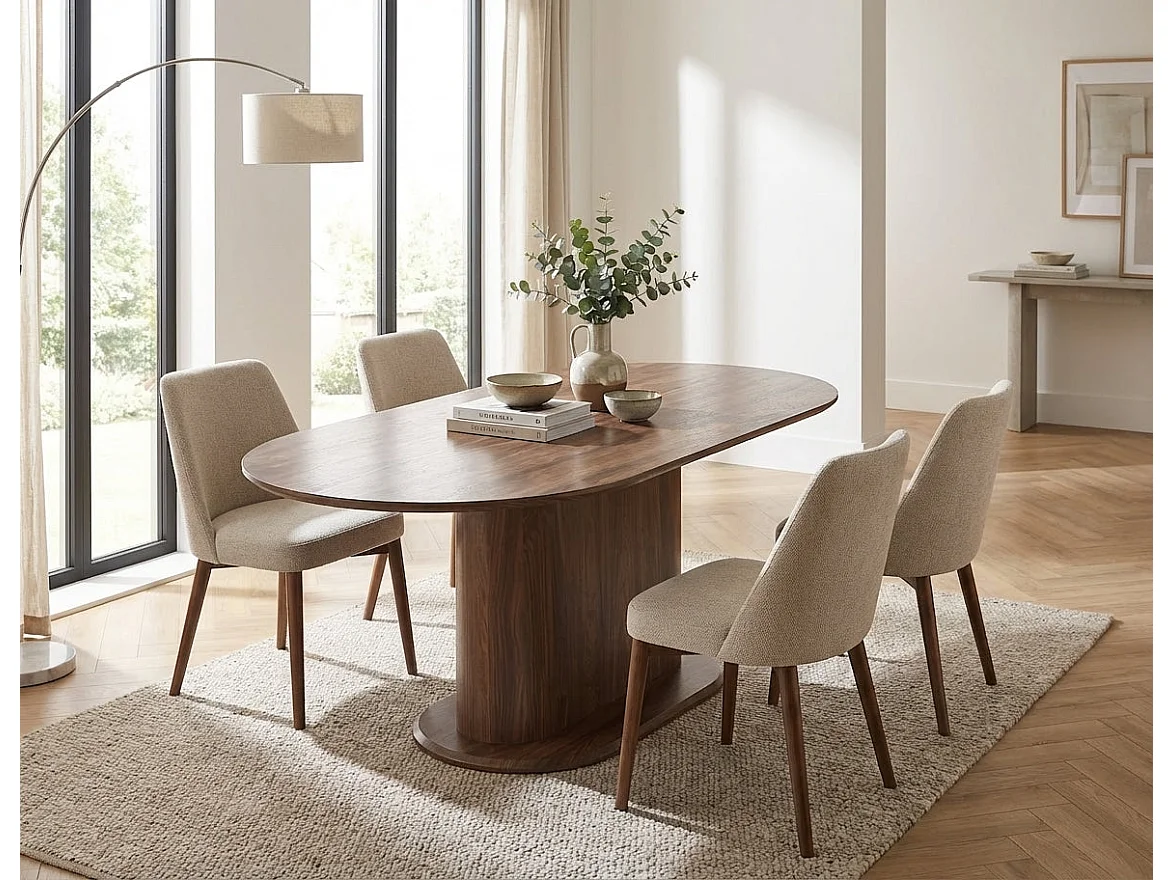 Table de salle à manger ovale effet noyer pied colonne central MDF 160x90 cm LOKA