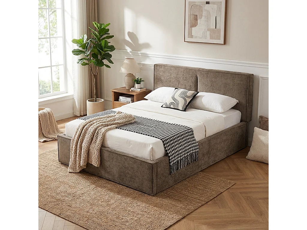 Lit coffre double tissu chenille moka sommier relevable 140x190 cm OLIVIA