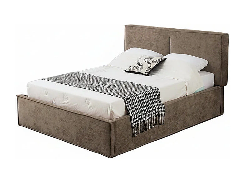 Lit coffre double tissu chenille moka sommier relevable 140x190 cm OLIVIA
