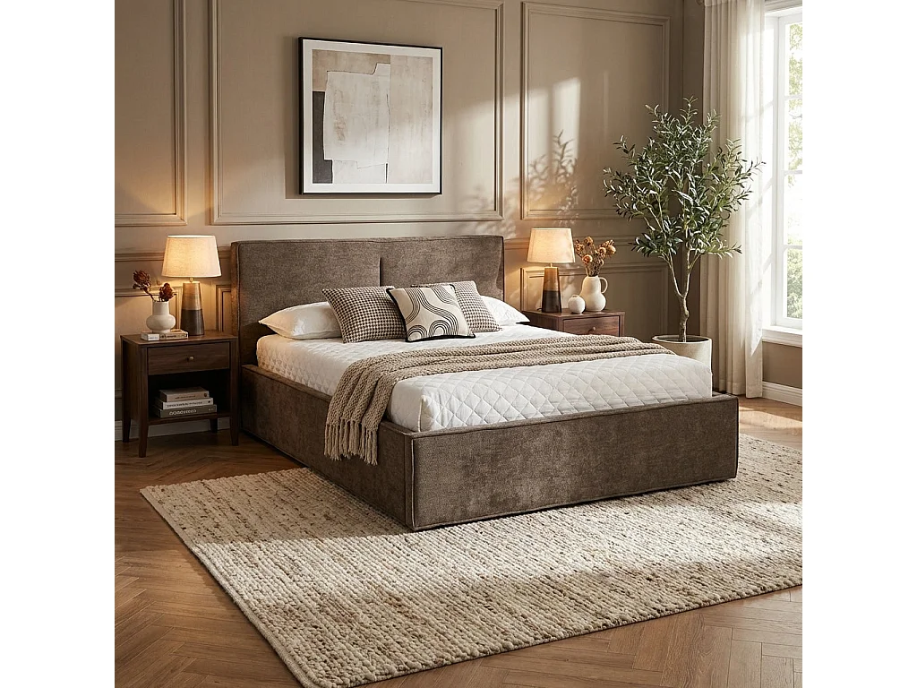 Lit coffre double tissu chenille moka sommier relevable 140x190 cm OLIVIA