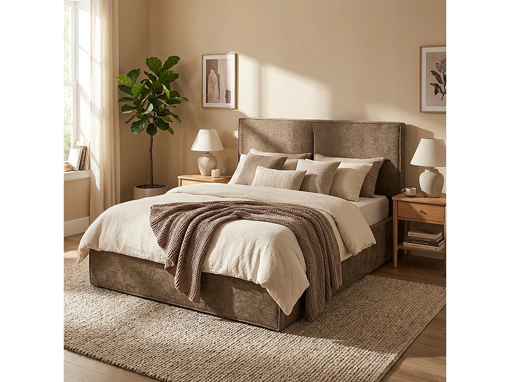 Lit coffre double tissu chenille moka sommier relevable 140x190 cm OLIVIA