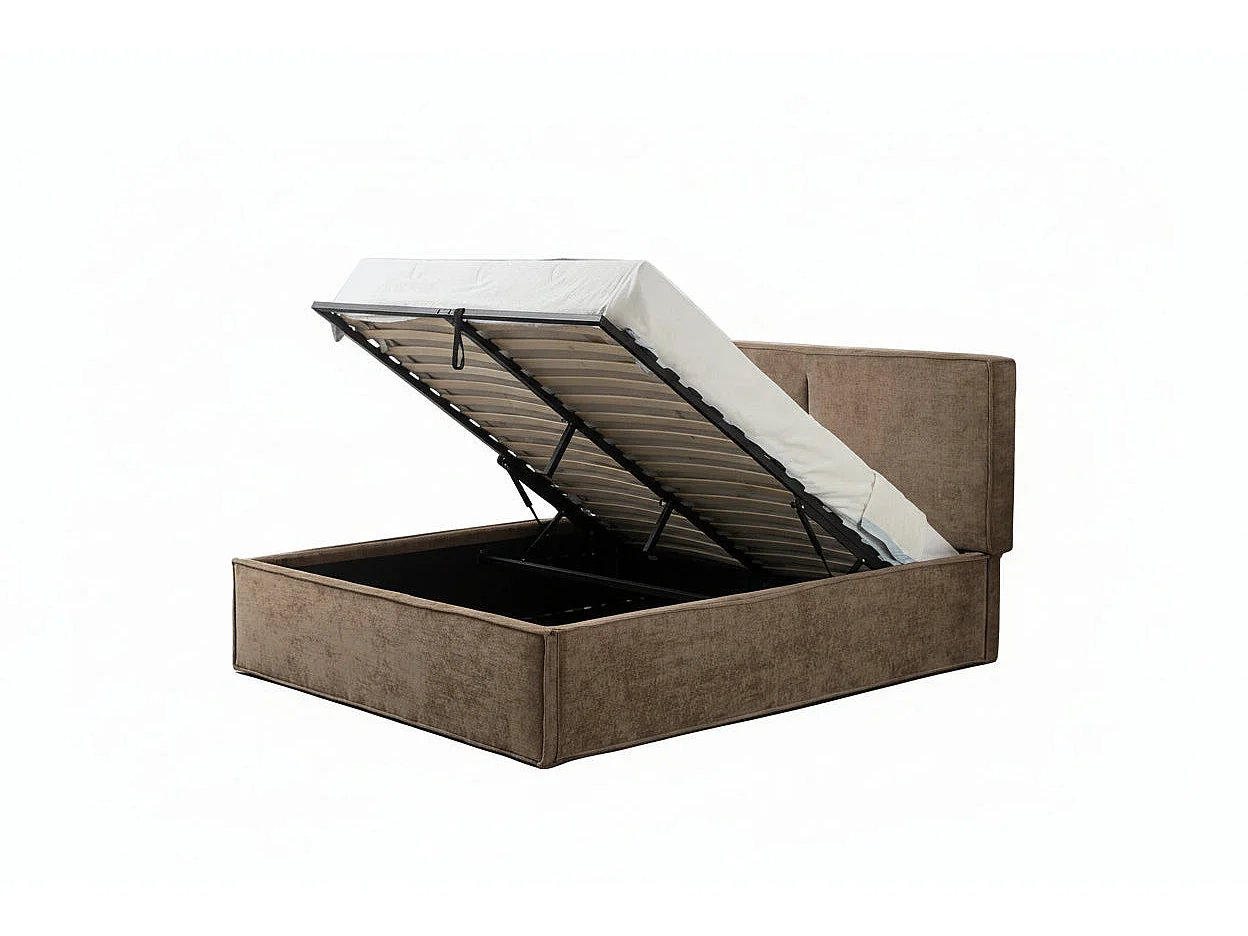 Lit coffre double tissu chenille moka sommier relevable 140x190 cm OLIVIA