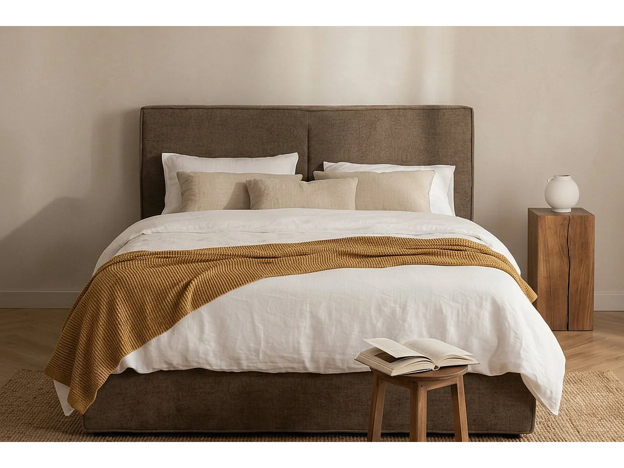 Lit coffre double tissu chenille moka sommier relevable 160x200 cm OLIVIA