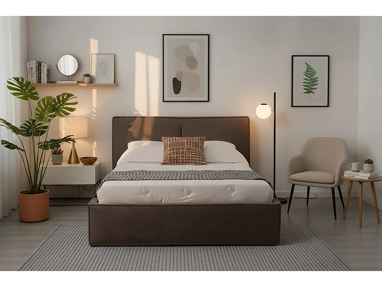 Lit coffre double tissu chenille moka sommier relevable 160x200 cm OLIVIA