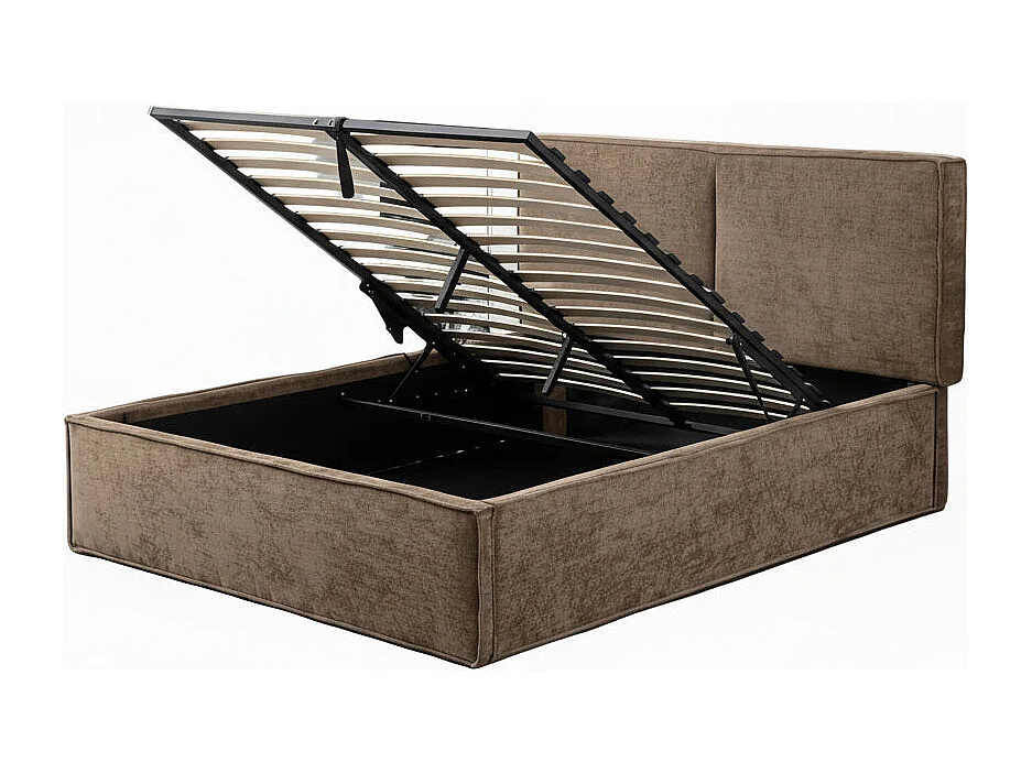 Lit coffre double tissu chenille moka sommier relevable 160x200 cm OLIVIA