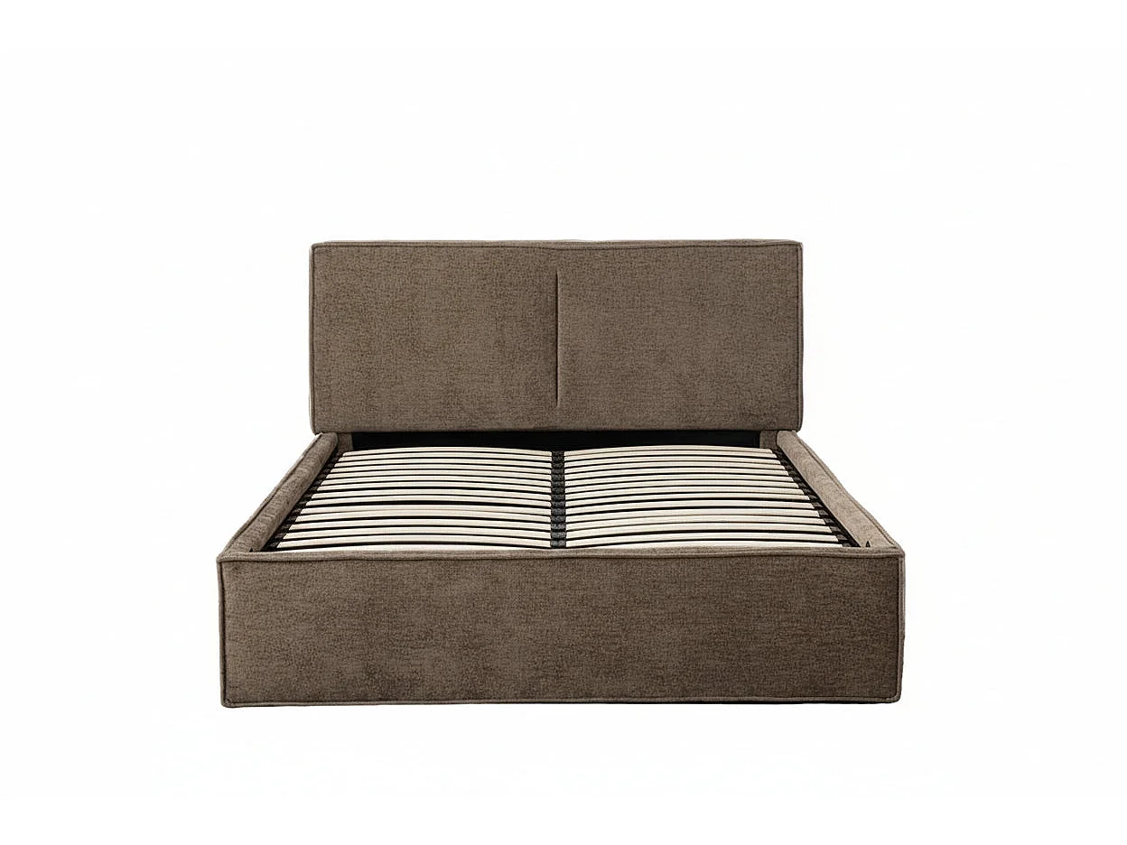 Lit coffre double tissu chenille moka sommier relevable 160x200 cm OLIVIA