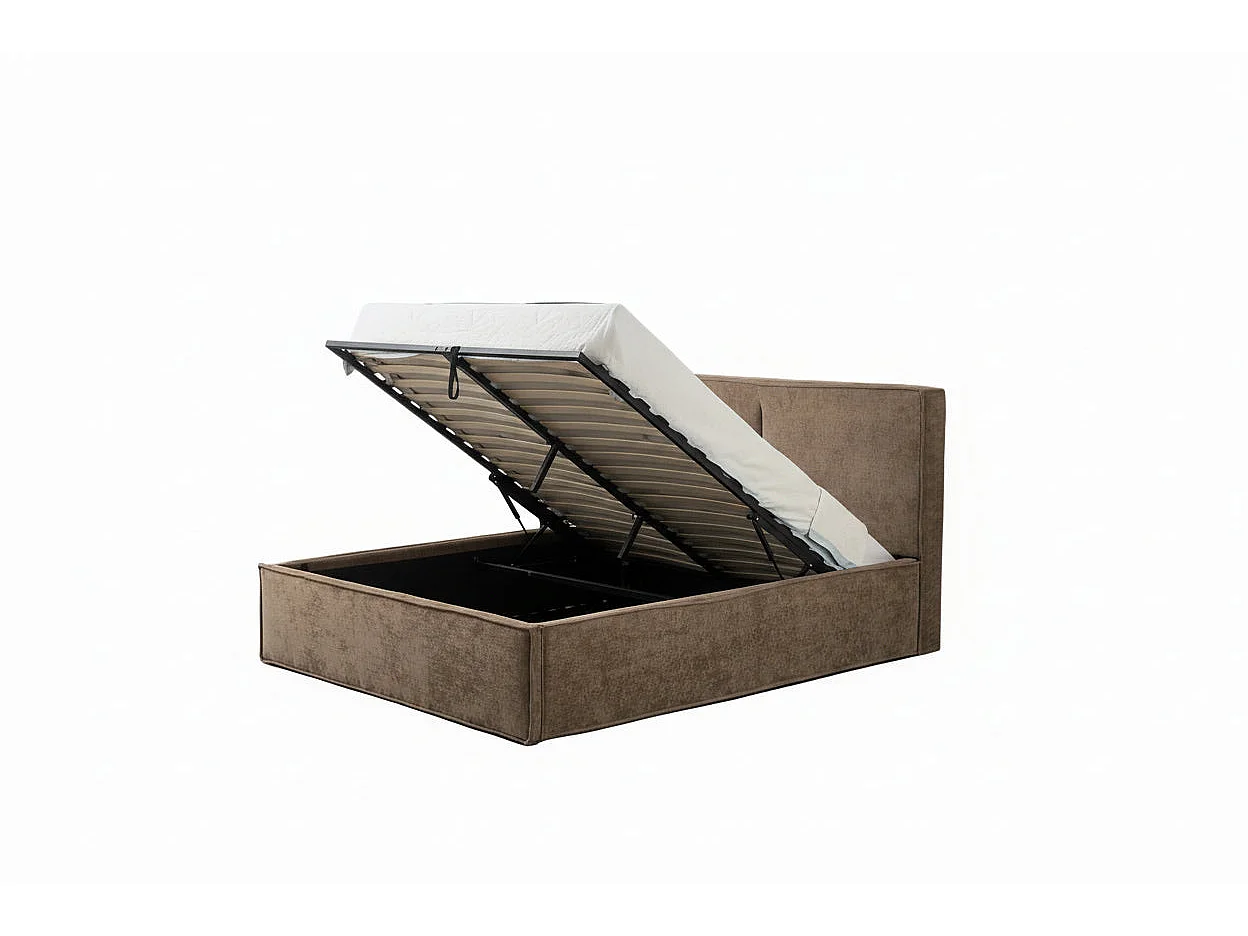 Lit coffre double tissu chenille moka sommier relevable 160x200 cm OLIVIA