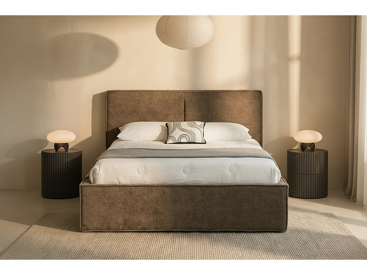 Lit coffre double tissu chenille moka sommier relevable 160x200 cm OLIVIA