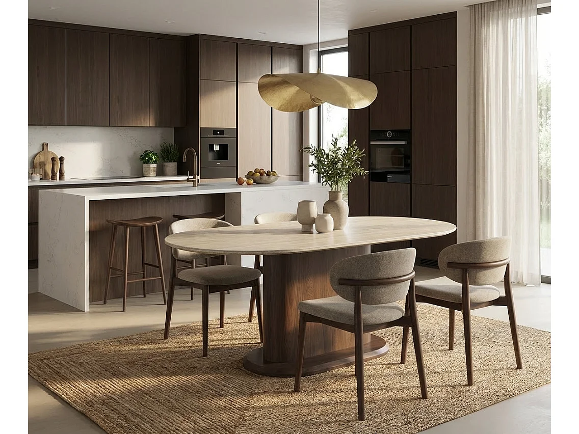 Table à manger céramique travertin pied effet noyer 180x90x75 cm LOKA