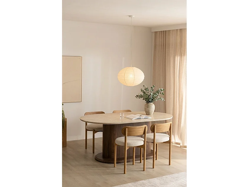 Table à manger céramique travertin pied effet noyer 180x90x75 cm LOKA