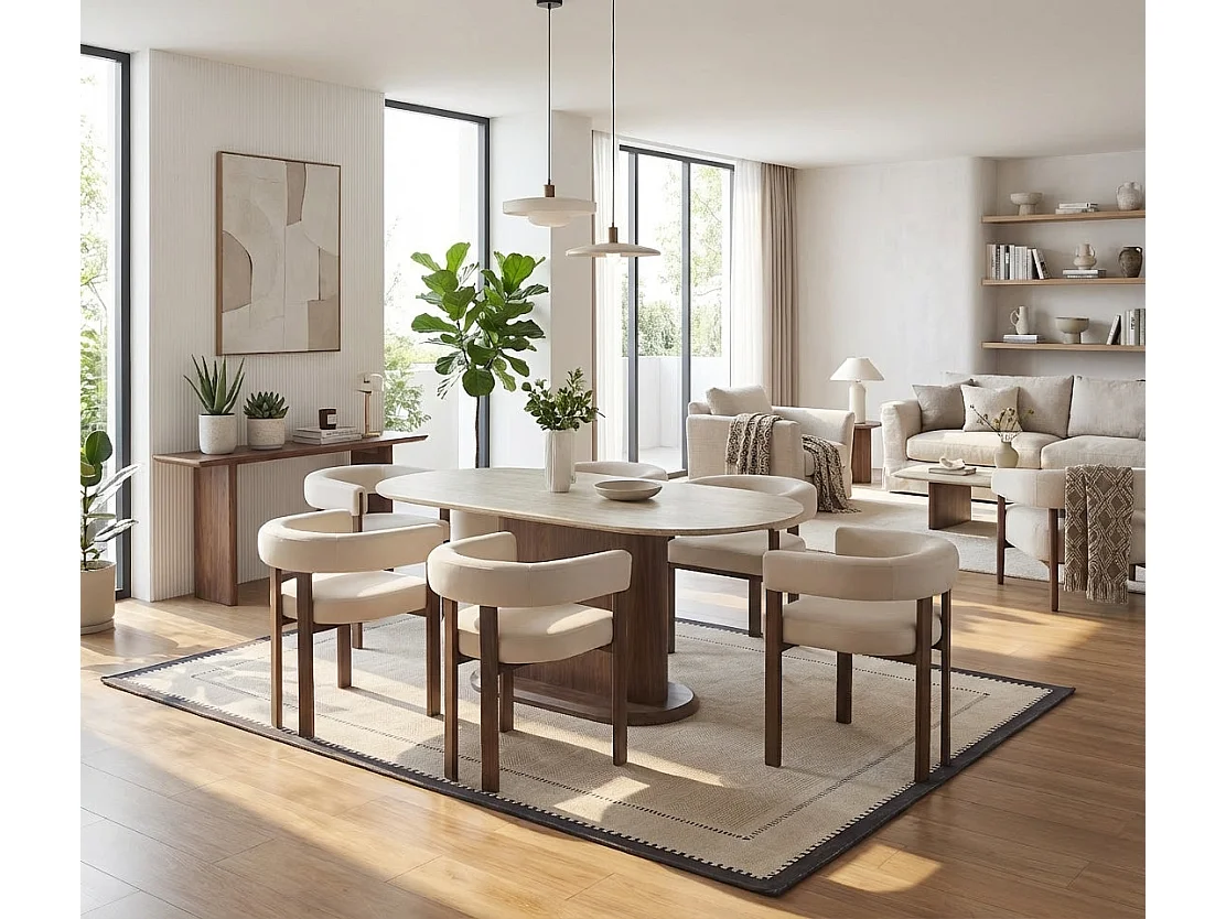 Table à manger céramique travertin pied effet noyer 180x90x75 cm LOKA