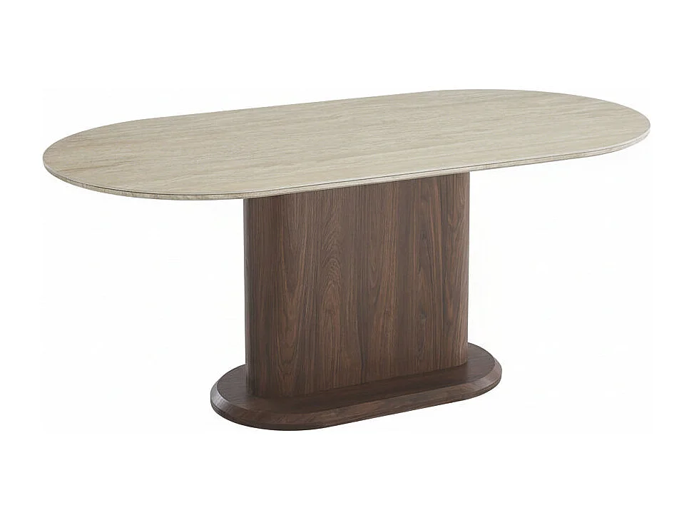 Table à manger céramique travertin pied effet noyer 180x90x75 cm LOKA