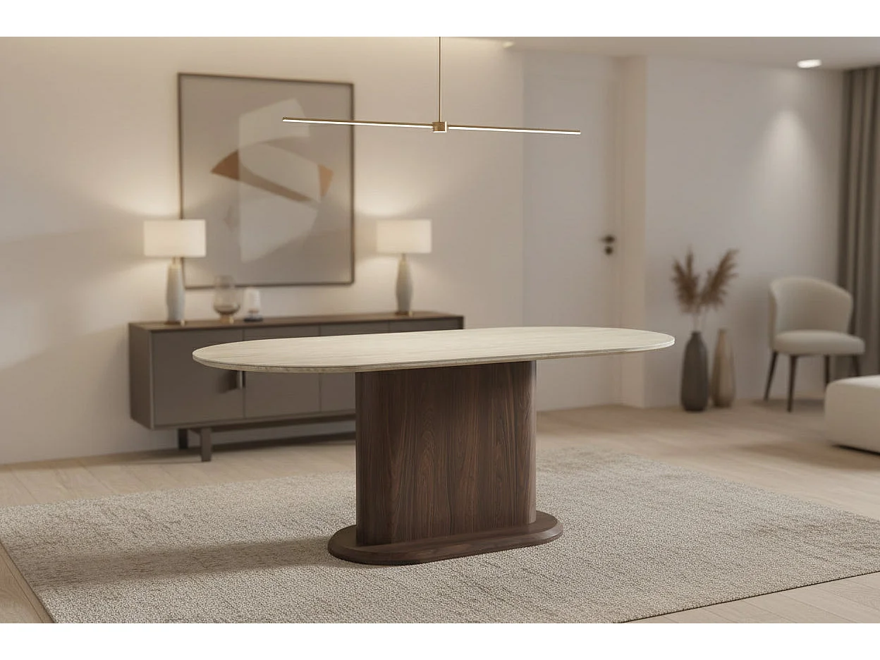 Table à manger céramique travertin pied effet noyer 180x90x75 cm LOKA