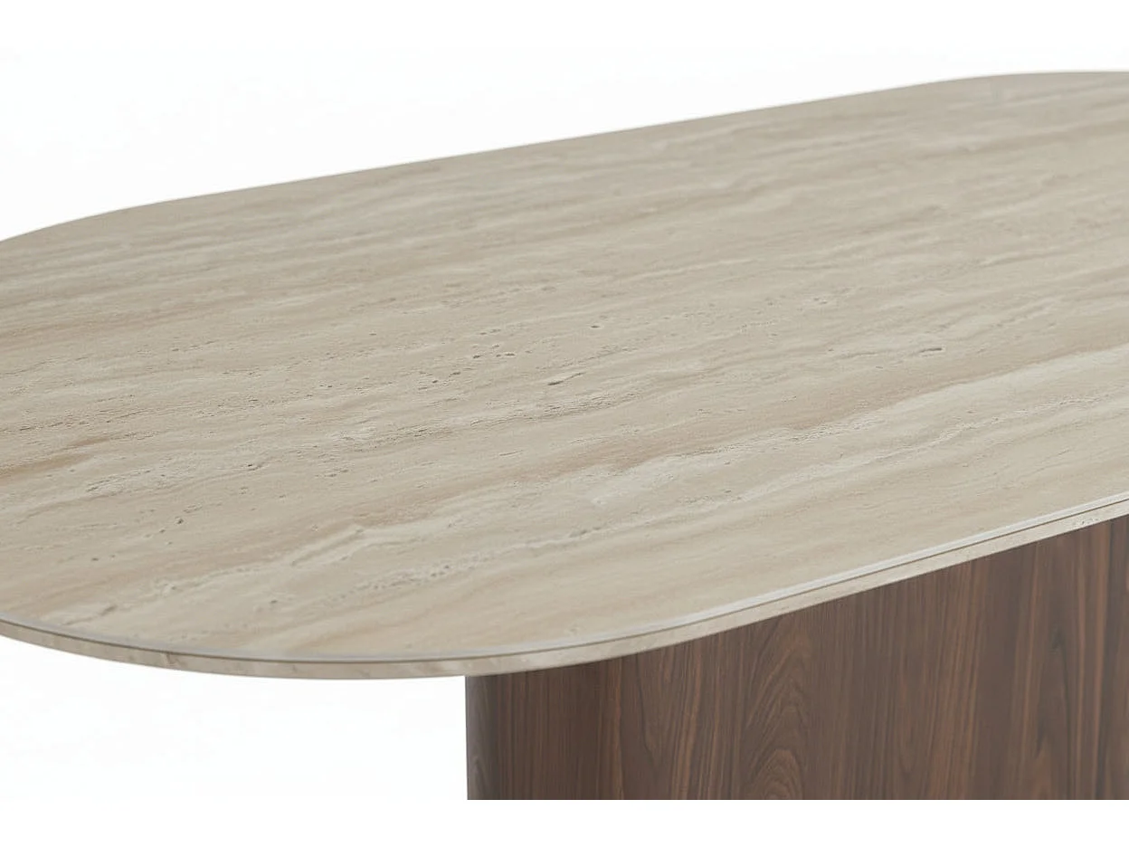 Table à manger céramique travertin pied effet noyer 180x90x75 cm LOKA