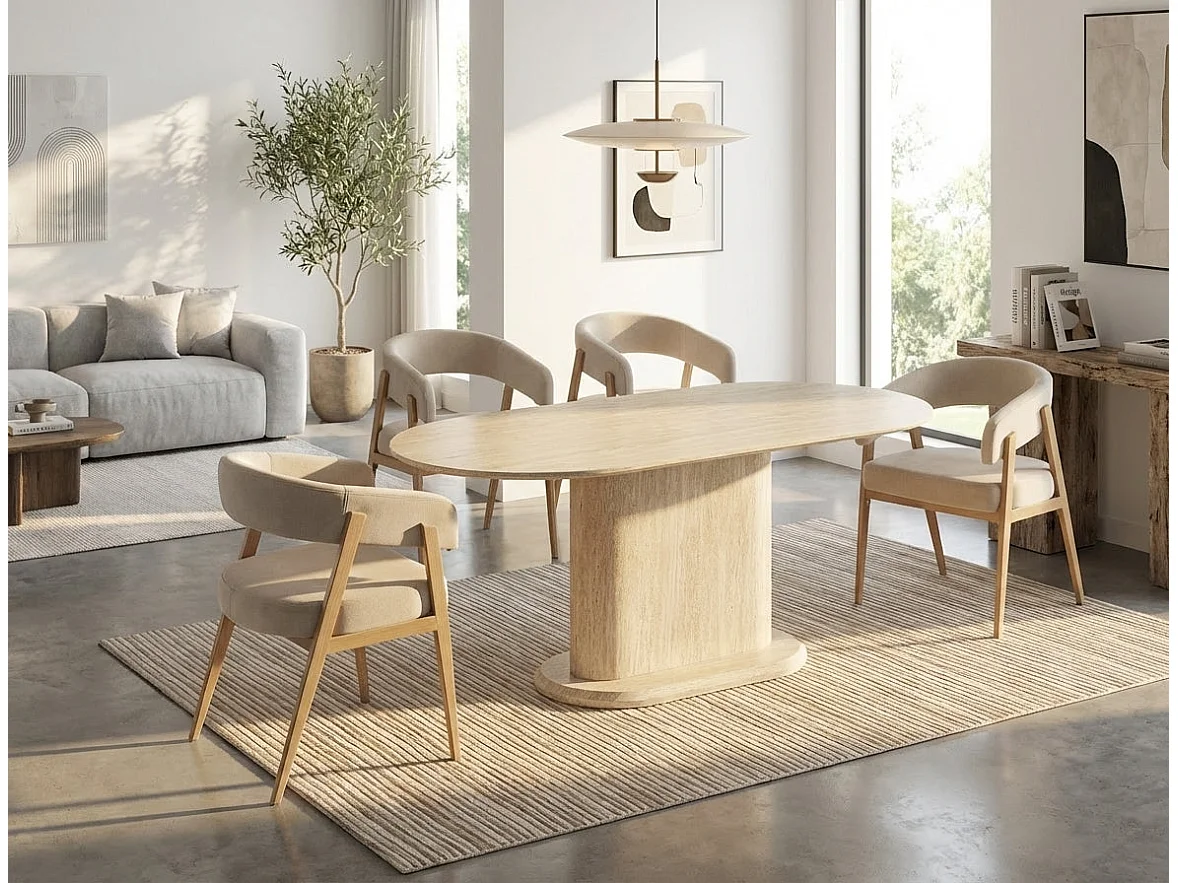 Table repas ovale 180x90 cm céramique effet travertin pied central LOKA