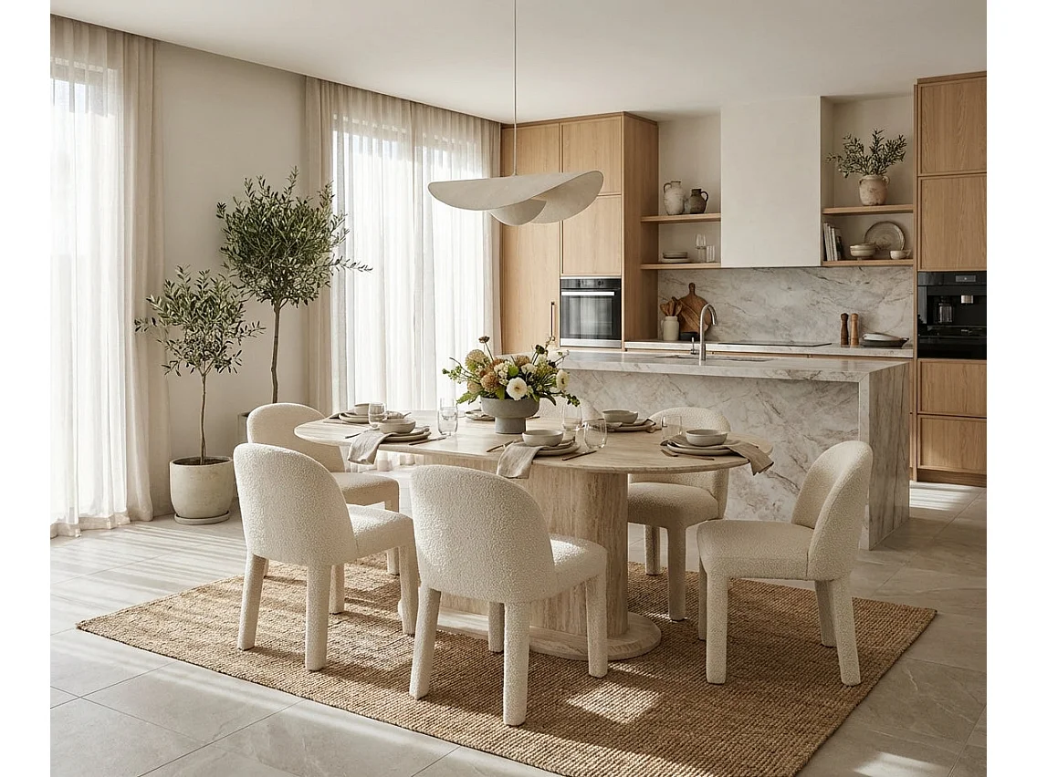 Table repas ovale 180x90 cm céramique effet travertin pied central LOKA